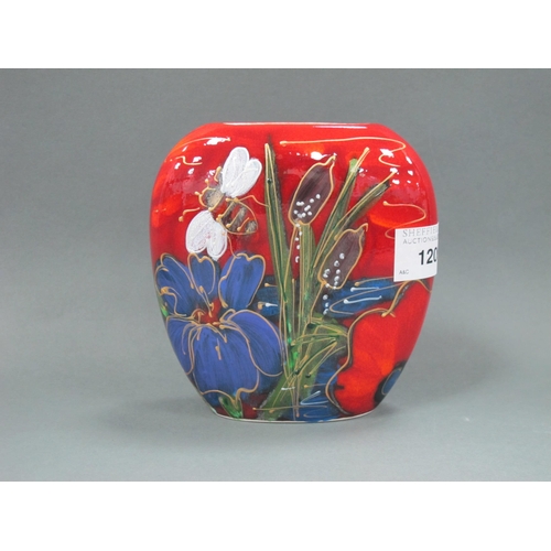 1209 - Anita Harris 'Beebrook Bees, Flowers and Bullrushes' Purse Vase, gold signed, 12.5cm high.