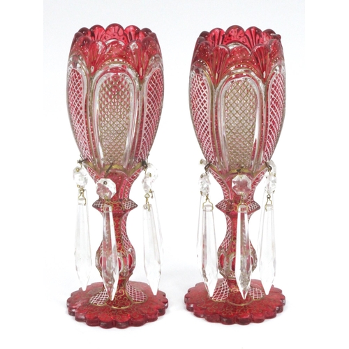 1216 - Pair of Bohemian Style Ruby and Clear and Glass Vases, each with ovoid body, hexagonal knop, wavy ci... 