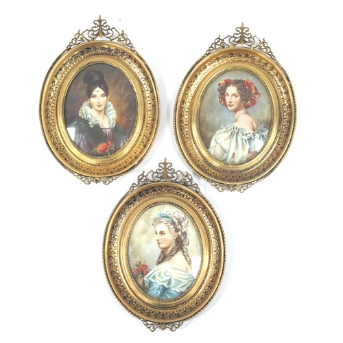 1356 - Set of Three Oval Miniatures, featuring attractive ladies, in gilt frames, 16cm overall height (3)