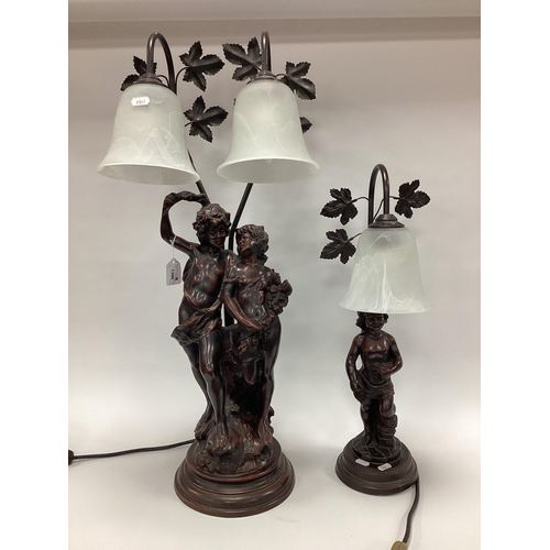 1396 - Bronze Effect Table Lamp, with twin bell shaped shades, supported by a courting couple, 77.5cm high,... 