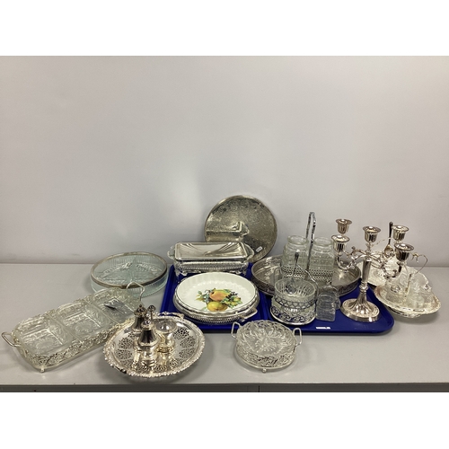 111 - A Selection of Plated Tableware, including glass lined serving dishes, condiments sets, ornate trays... 