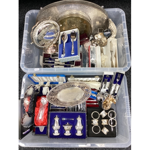 161 - A Collection of Plated Ware, including cased cutlery, napkin rings, trays, a swing handle basket, cr... 