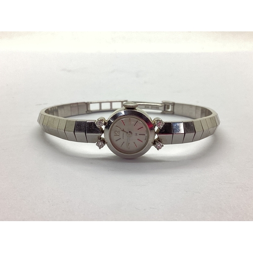 221 - Hamilton; A Vintage 18ct White Gold Diamond Set Ladies Cocktail Wristwatch, the signed dial with bat... 