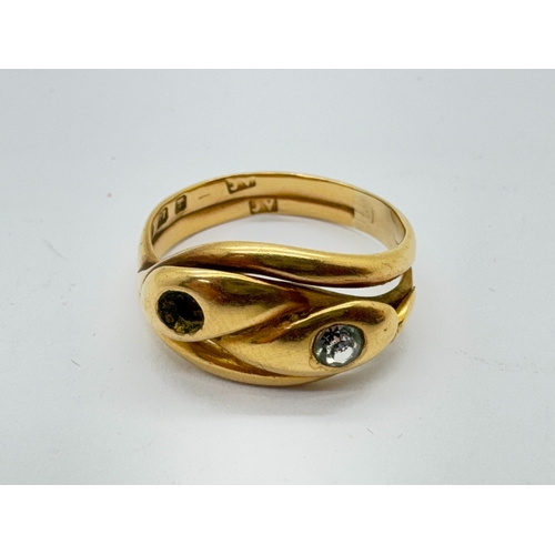 36 - A Victorian 18ct Gold Stone Set Serpent Ring, (one stone missing), the circular collet set stone to ... 