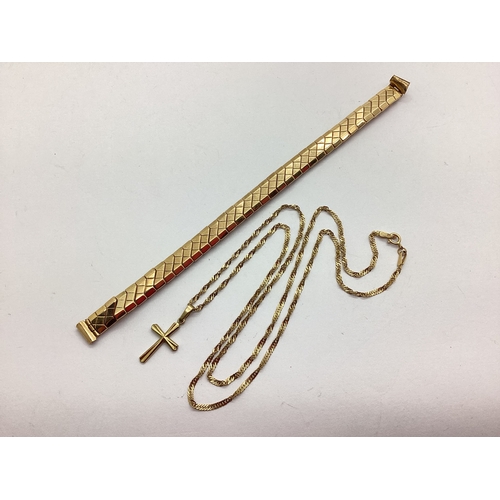 70 - A 9ct Gold Fancy Link Chain, suspending a dainty cross pendant of textured finish, stamped 