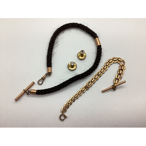 79 - A Victorian Mourning Plaited Hair Watch Chain, suspending T-bar and swivel style clasp, gilted panel... 