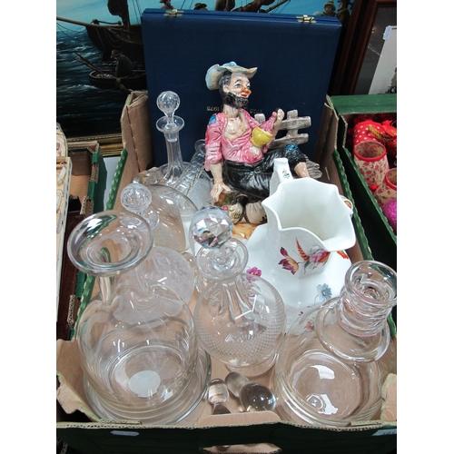 1011 - Pair of decanters, other decanters, jug with pained decoration etc:- One Box.