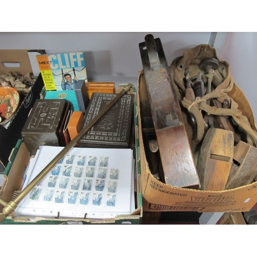 1020 - Woodworks Tools, World Stamps, Books, Leather Wallets, Brass Towel Rail, etc:- Two Boxes