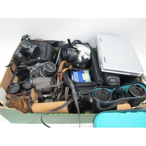 1022 - Binoculars, Swift 10x50, Hanimex 8 x 30, Zonex, Nikon Cameras, etc:- One Box