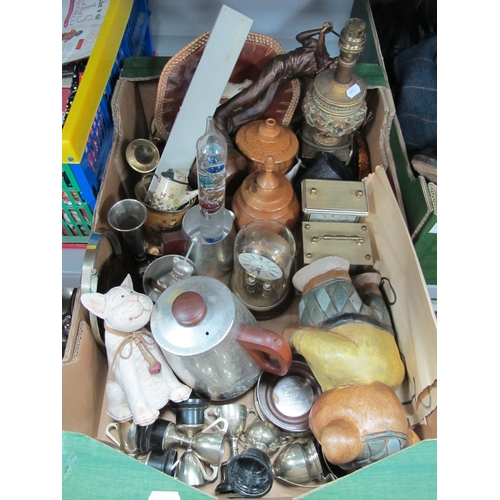 1025 - Clocks, Sona Tea Service, Lamp, Trophies, Coasters, Wooden Boar Utensil Holder, etc:- One Box