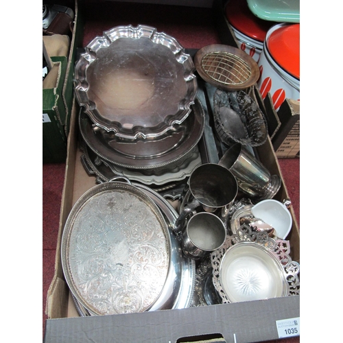 1035 - Plated Ware, including an oval serving dish, with original glass liner, trays, cutlery, tankards, et... 