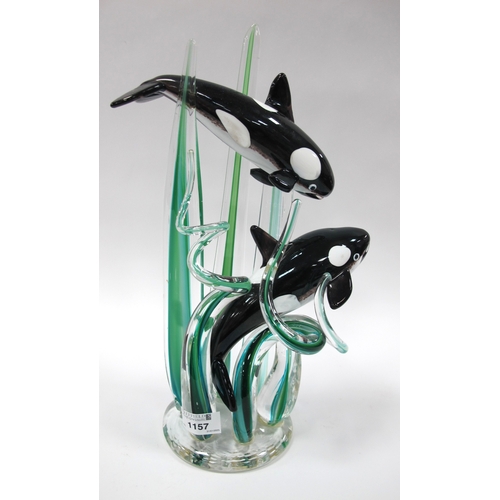 1157 - A Kevin Fulton Glass Sculpture of Two Dolphins Swimming Amongst Sea Grasses, etched signature and da... 