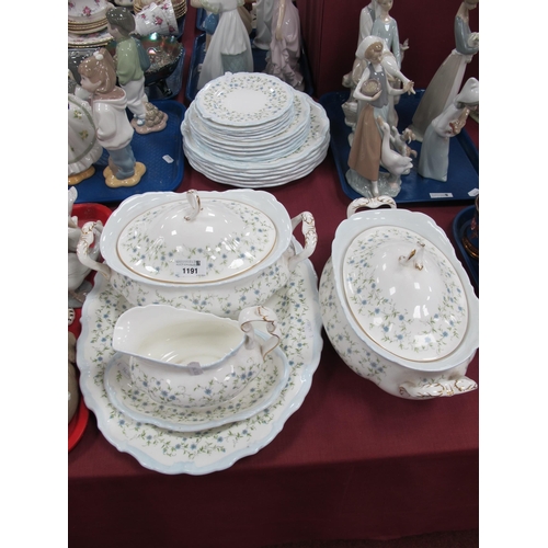 1191 - R. Albert 'Caroline' Oval Meat Plates, Two Tureens, Gravy Boat in Stand, six each of Dinner, Dessert... 