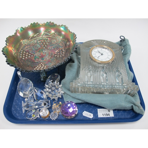 1194 - Waterford Crystal Clock, Iridescent Carnival Glass Bowl, Swarovski Dog and other Glass Miniatures:- ... 