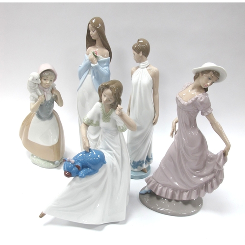 1195 - Nao figurines to include Poor Teddy, woman holding flower, girl with lamb over shoulders, two others... 