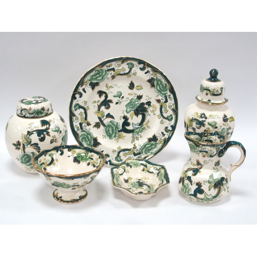 1202 - Six pieces of Mason's 'Chartreuse' Pottery, including Ginger Jar and Cover, Jug, Bon Bon Dish etc:- ... 