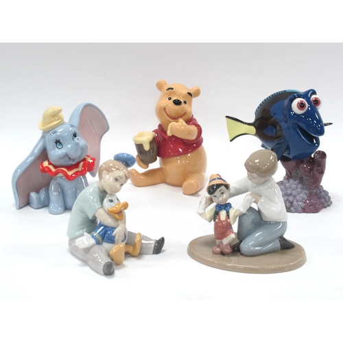 1203 - Lladro Disney Collection Winnie the Pooh and Dumbo, Nao Collection Dory, boy playing with Pinocchio ... 