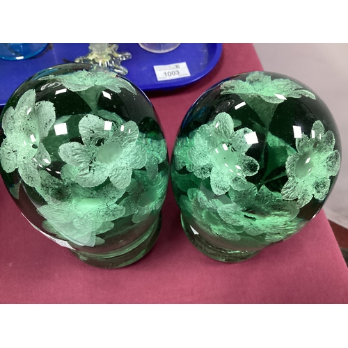 1213 - A Pair of Late XIX Century Green Glass Dump Paperweights, with flowerhead inclusions, 16cm high. (2)... 