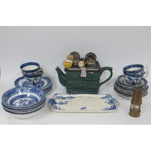 1294 - Booth's Willow Pottery, Willow Plates, Tea Pottery Tea Pot, Mini Miners Lamp,- one tray