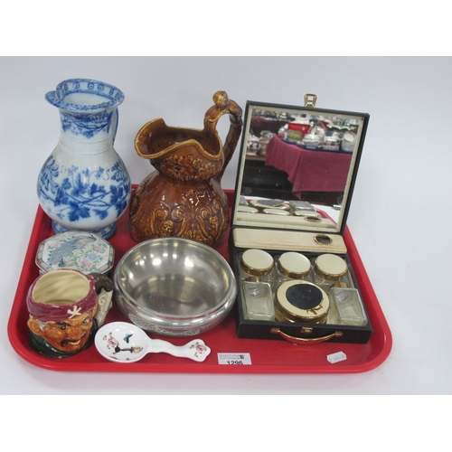 1296 - Sirram Travelling Manicure Set, Hill Pottery Blue and White Jug, Treacle Glaze Jug, etc:- One Tray