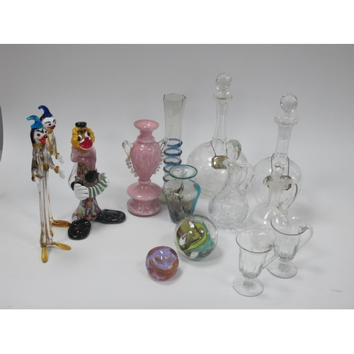 1300 - Murano Style Glass Clowns, engraved decanter and stoppers with plated 'Port' and 'Brandy' labels, pa... 