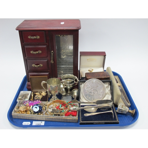 1302 - Ladies Costume Jewellery, ladies Rotary watch, gents cufflinks, plated trophy etc:- One Tray.