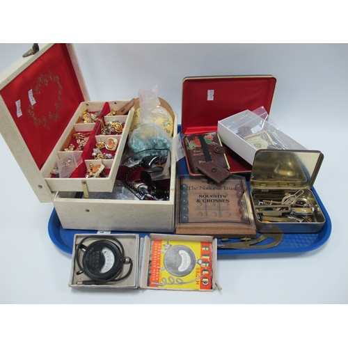 1304 - Ladies Costume Jewellery in a White Jewellery Box, Coins, Pifco Volt Meter:- One Tray