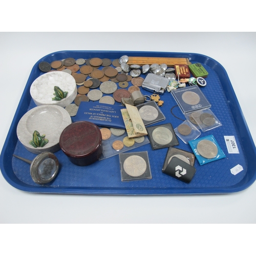 1307 - Coins, Badges, 'Midland' Buttons, a pair of cold painted frogs on marble pin dishes, etc:- One Tray