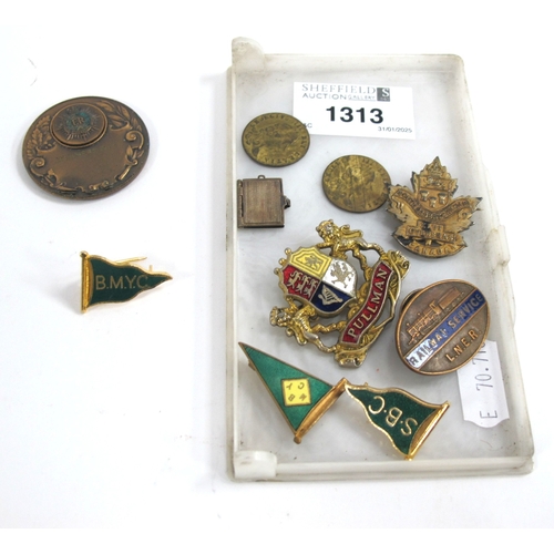 1313 - Railway Service Badge by Fattorini, Pullman Brooch, Silver Canadian Badge, etc