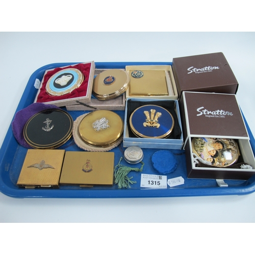 1315 - Vintage Powder Compacts, including Military 'RAF' and Royal Marines commemorative Royalty and a Maso... 