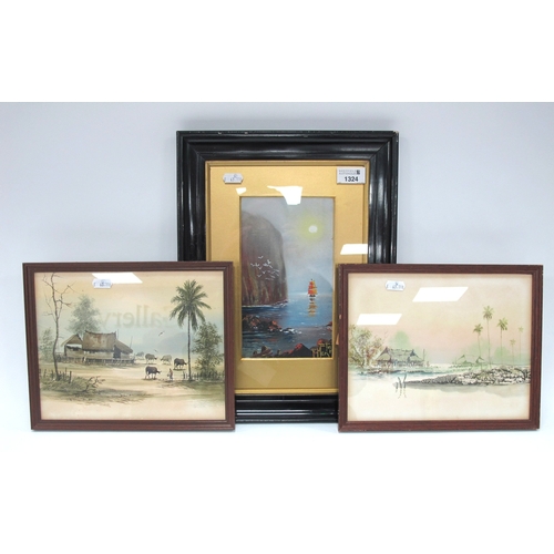 1324 - Oriental - Wooden Shacks with Palm Trees and Shacks, pair of watercolours, 20 x 25cm, another featur... 