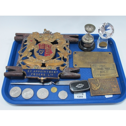 1344 - Fodens LTD Brass and Enamelled Plaque, 24cm high, Brass Rally Plaques, Lacquered Snuff Box, coinage,... 