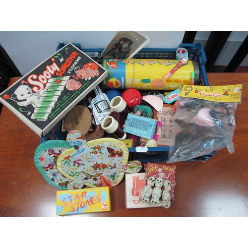 1352 - Two Boxes of Vintage Toys and Games, including top cap guns, a boxed 'Sooty' xylophone, card games, ... 