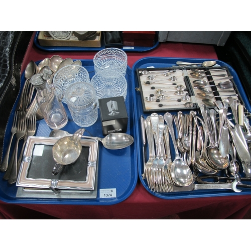 1374 - Two Silver Plated Ware, etc, including cutlery, six glass engraved dishes, photo frames, trays, etc:... 