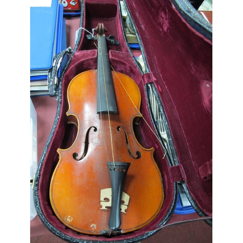 1375 - Violin, 3/4 Size, labelled 'The Maidstone', 54cm overall length, the back 32.5cm, in black reptile s... 