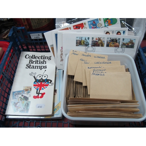 1403 - First Day Covers, Booth Catalogue, a tub of world Stamps, in brown envelopes, etc :- One Box