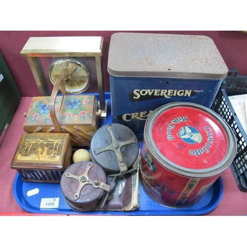 1405 - Fishing Reels in Mahogany and Brass, Tins, Clock, Photos, etc:- One Tray