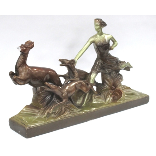 1413 - Art Deco Belgian Chalkware FIgure Group of Lady and Dogs Pursuing Deer, on rectangular base, (damage... 