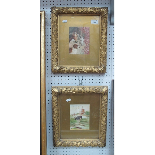 1482 - Pair of Gilt Picture Frames with applied acorn leaf surround housing equestrian and Bovine watercolo... 