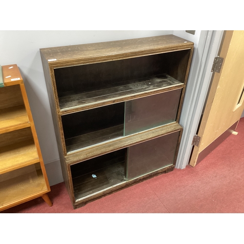 1513 - Minty Three Height Oak Bookcases, with glass sliding doors 89cm wide.