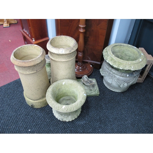 1523 - Two Composite Stone Garden Urns, composite stone jardiniere, together with a pair of chimney pots (5... 