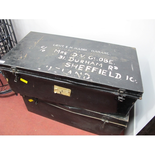 1533 - A Large Black Painted Tin Military Trunk 'Lieut E.M.Madin Quranc', makers label 'F&B London made' 90... 