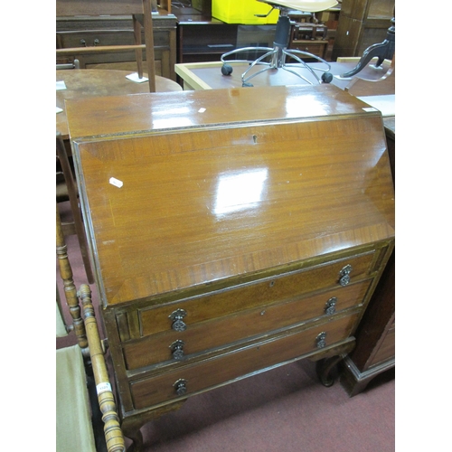 1538 - 1920s Mahogany Bureau, with fall front over three drawers on cabriole legs, 76cm wide.