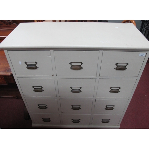 1553 - Painted Early to Mid-XX Century Set of Twelve Pigeon Hole Drawers having metal cup handles 94cm wide... 