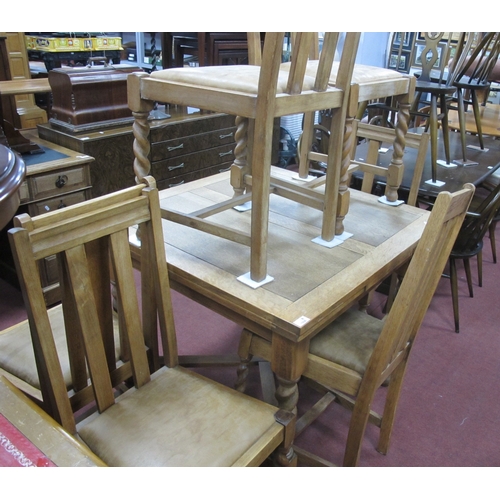 1558 - Oak Drop Leaf Table circa 1920s on barley twist legs united by 'X' stretcher, set of six matching di... 