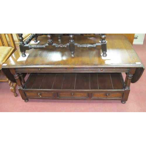 1564 - Oak Coffee Table, with drop leaves, brush slides, three drawers on turned and block supports, 180cm ... 