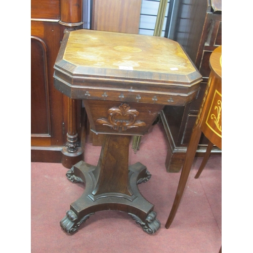 1567 - A XIX Century Rosewood Work Table, hinged shell inlay lid, tapering pedestal to quatrefoil feet on s... 