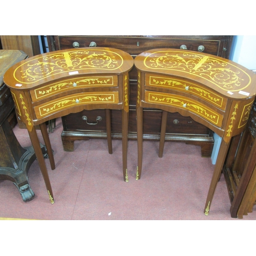 1571 - A Pair of French Style Kidney Shaped Inlaid Tables, with two small drawers, on shaped supports with ... 