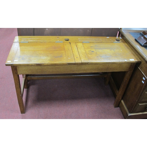 1573 - A Double School Desk with separate lift-up lids, two cut-out inkwells and original inserts 107cm wid... 