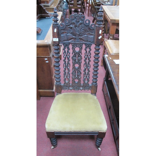 1574 - XIX Century Oak Chair, turned finials, top rail decorated with cockerel's, shaped pierced back, upho... 